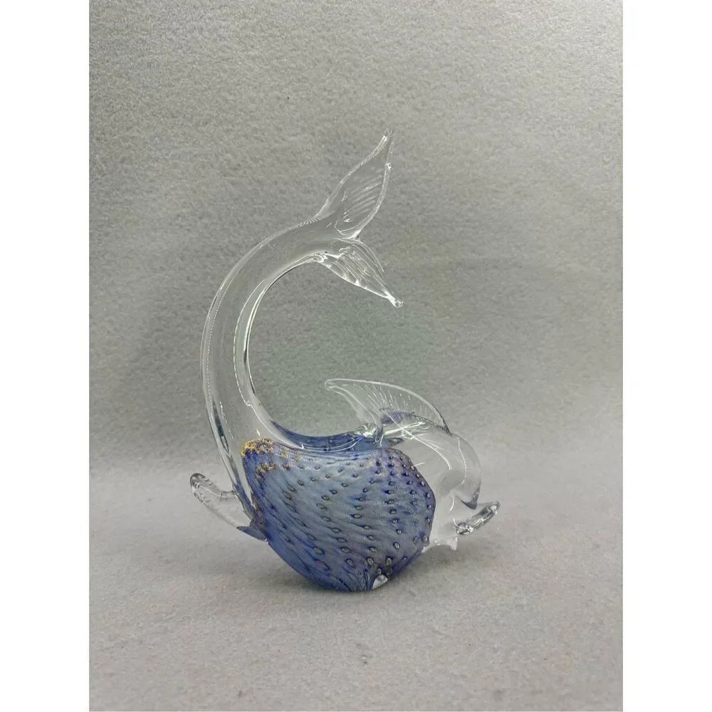 Italian Murano Style Art Glass Fish Blue Gold Flecks Controlled Gold Bubbles Mid